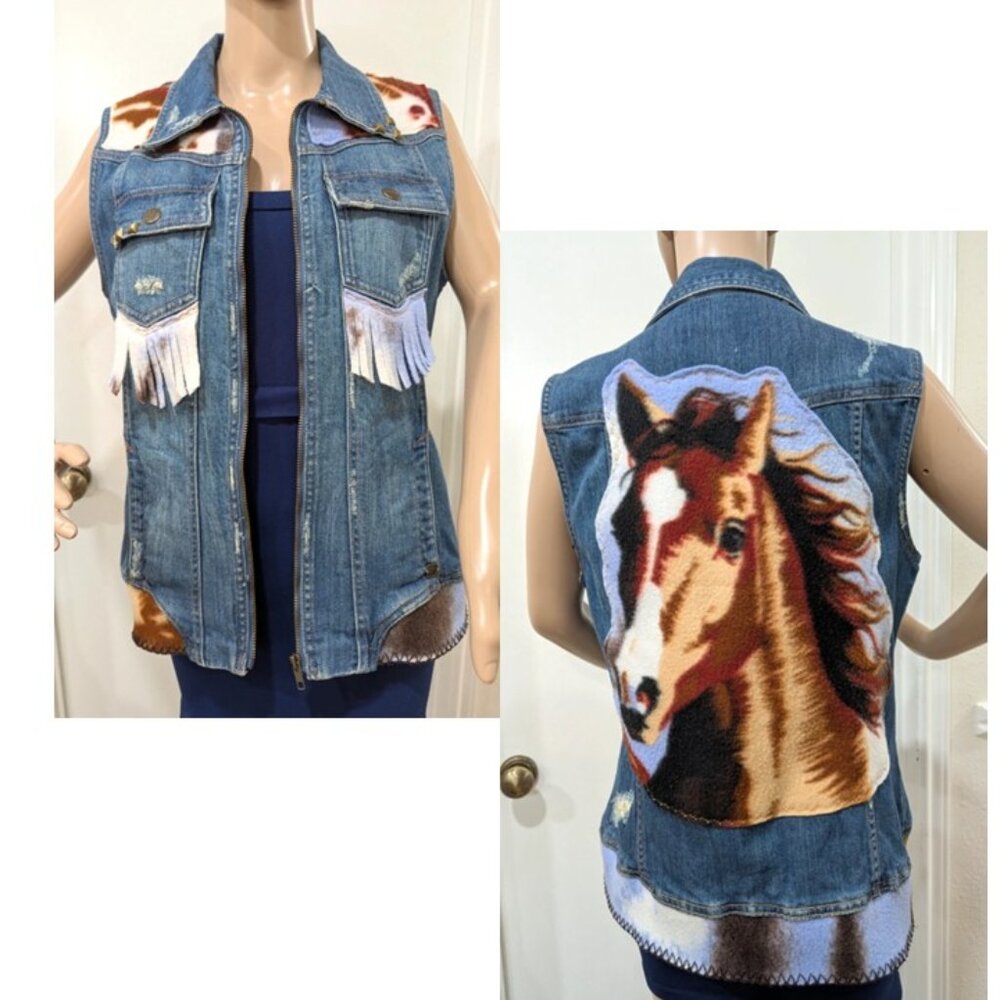 Upcycled Western Denim Vest Size L Horse Fringe Zipper Distressed Equine Cowgirl